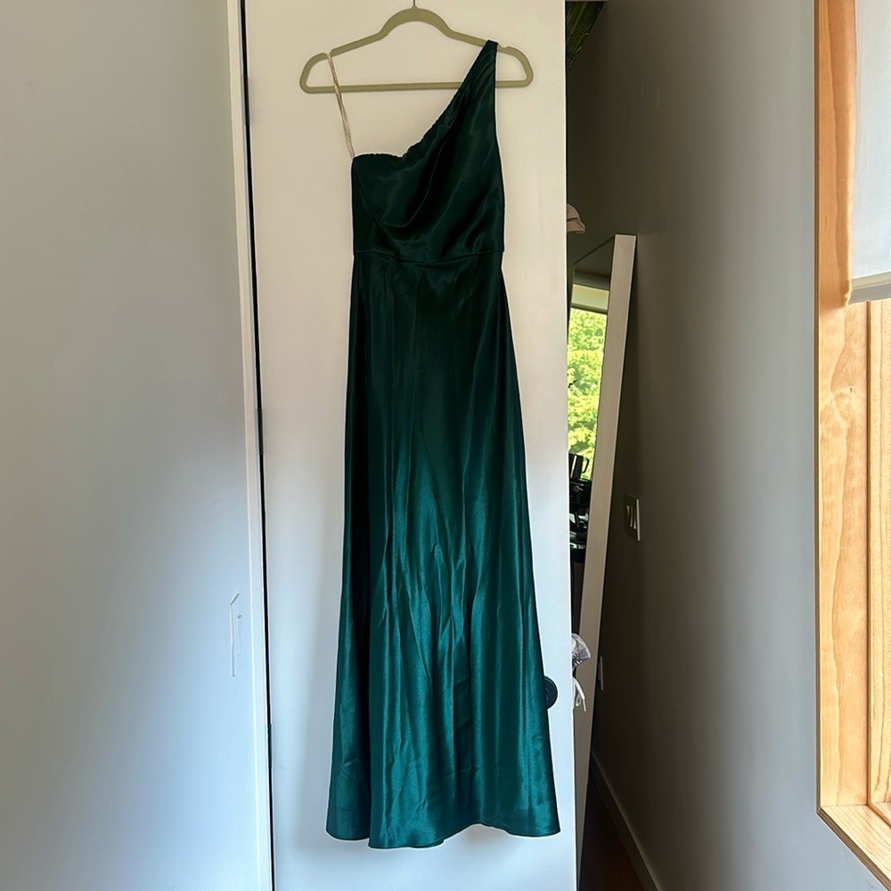 Jenny Yoo Bridesmaid Dress Lena Emerald Green Satin 4 One Shoulder